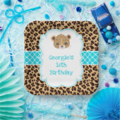 Leopard Print Blue Quatrefoil Verjaardagsfeest Papieren Bordje (Feest)
