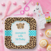 Leopard Print Blue Quatrefoil Verjaardagsfeest Papieren Bordje (Feest)