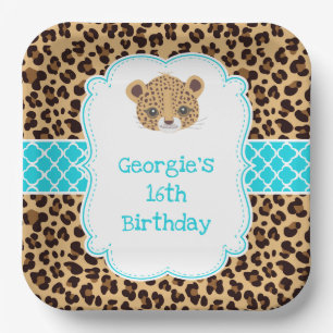 Leopard Print Blue Quatrefoil Verjaardagsfeest Papieren Bordje