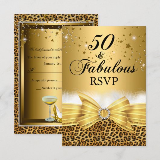 Leopard Print & Bow 50 & Fabulous RSVP Gold (Voorkant / Achterkant)