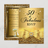 Leopard Print & Bow 50 & Fabulous RSVP Gold Kaart (Voorkant / Achterkant)