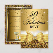 Leopard Print & Bow 50 & Fabulous RSVP Gold Kaartje (Voorkant / Achterkant)