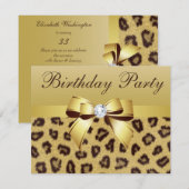 Leopard Print, Bow & Diamond Birthday Party Kaart (Voorkant / Achterkant)