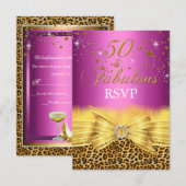 Leopard Print & Bow Pink 50 & Fabulous RSVP Kaart (Voorkant / Achterkant)