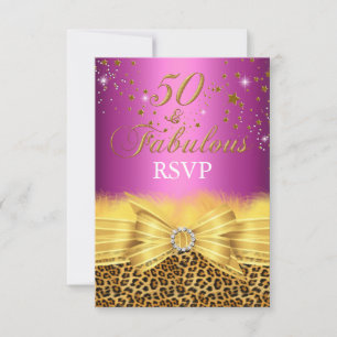 Leopard Print & Bow Pink 50 & Fabulous RSVP Kaart