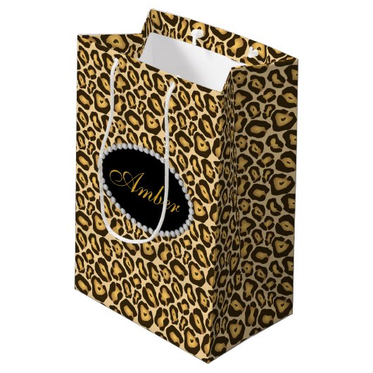 Leopard Print Diamonds & Name Monogram Medium Cadeauzakje (Achterkant Gekanteld)