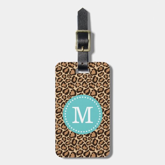 Leopard Print en Turquoise Custom Monogram Bagagelabel (Voorkant verticaal)