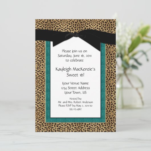 Leopard Print en Turquoise Sweet 16 Uitnodiging (Staand voorkant)