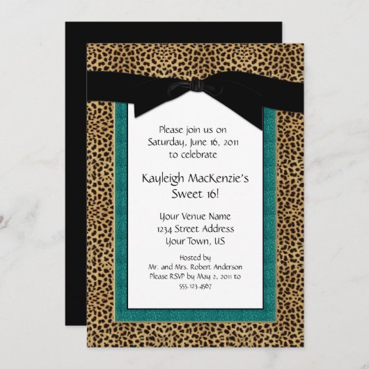 Leopard Print en Turquoise Sweet 16 Uitnodiging (Voorkant / Achterkant)