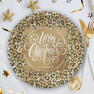 Leopard Print Gold Faux Foil Merry kerst Papieren Bordje