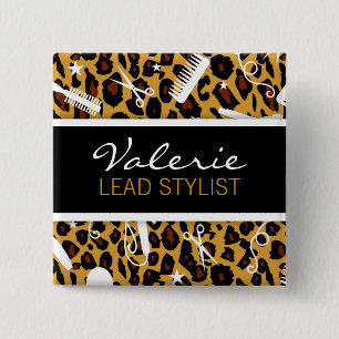 Leopard Print Hair Salon Name Badge Vierkante Button 5,1 Cm