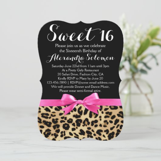 Leopard Print Hot Pink Bow Sweet 16th Birthday Kaart (Staand voorkant)