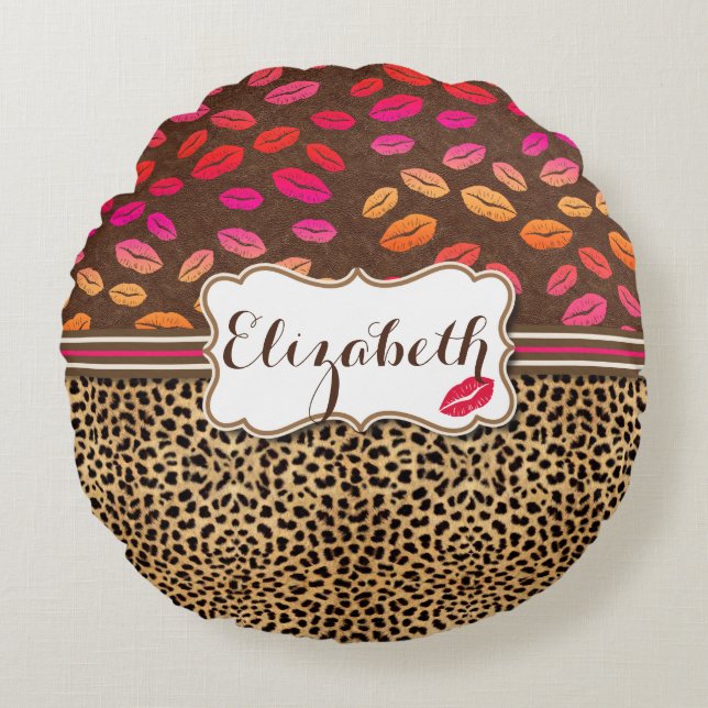 Leopard Print Lips Kisses Personalized Rond Kussen (Voorkant)