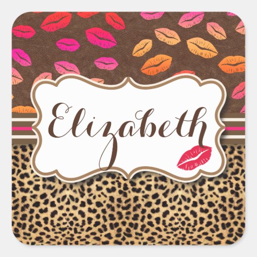 Leopard Print Lips Kisses Personalized Vierkante Sticker (Voorkant)