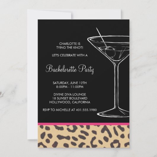 leopard print martini bachelorette kaart (Voorkant)