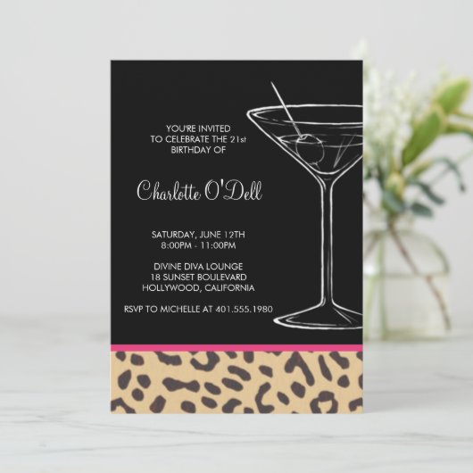Leopard Print Martini Birthday Invitations Kaart (Staand voorkant)