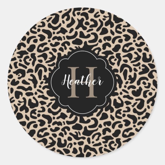Leopard Print Monogram Classic Ronde Sticker (Voorkant)