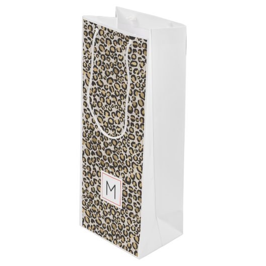 Leopard Print Monogram INITIAAL Chic Animal Wijn Cadeautas (Voorkant Gekanteld)