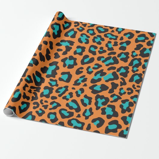 Leopard Print Orange, Black, Aqua Cadeaupapier (Uitgerold)