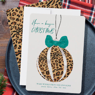 Leopard Print Ornament Green Bow Boujee kerst Feestdagenkaart