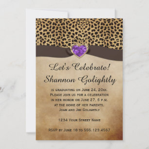 Leopard Print Paarse Hart Bling Afstudeerfeest Kaart