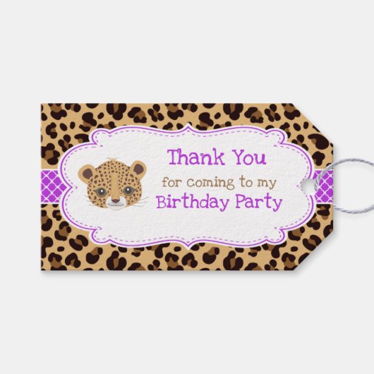 Leopard Print Paarse Quatrefoil 'Bedankt' Label Cadeaulabel (Voorkant (Horizontaal))