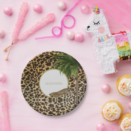 Leopard Print Patroon Elegant Palm Personal Papieren Bordje (Feest)