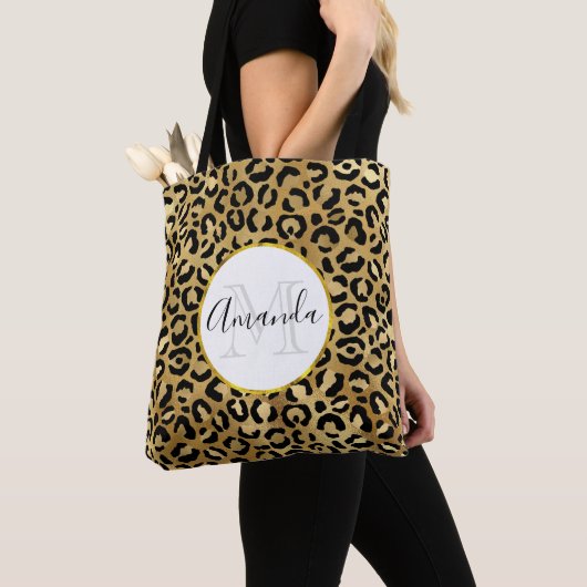 Leopard Print Pattern in Gold en Black Monogram Draagtas (Dichtbij)