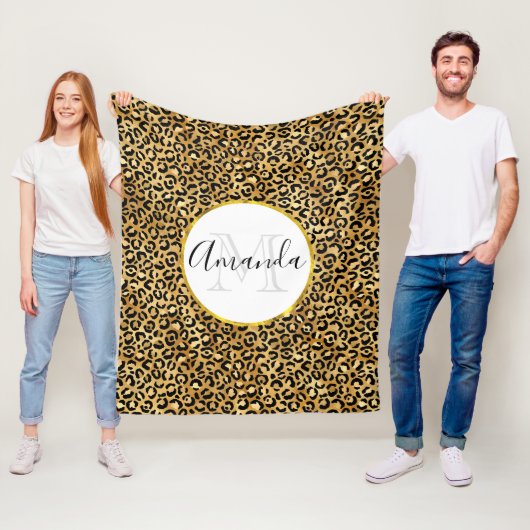 Leopard Print Pattern in Gold en Black Monogram Fleece Deken (In situ)