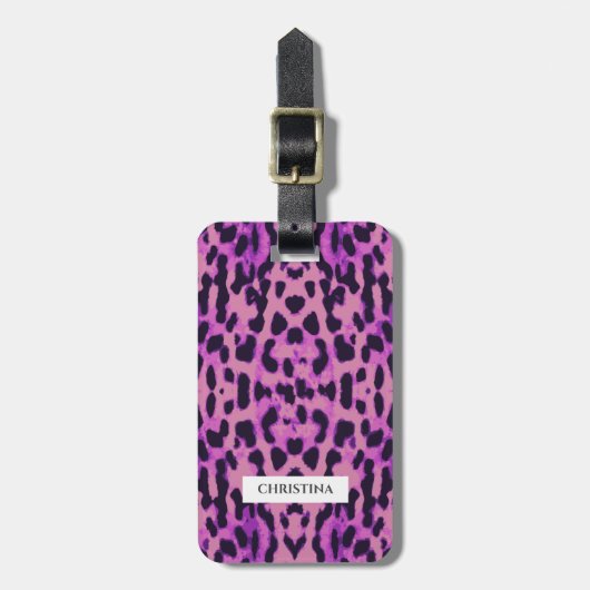 Leopard Print Pattern Paars Elegant persoonlijk Bagagelabel (Voorkant verticaal)