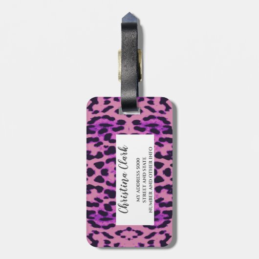 Leopard Print Pattern Paars Elegant persoonlijk Bagagelabel (Achterkant verticaal)