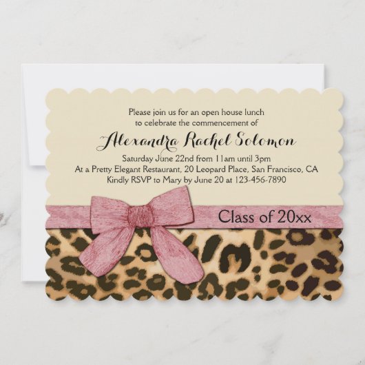 Leopard Print Pink Bow Afstuderen/partijuitnodigin Kaart (Voorkant)