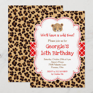 Leopard Print Red Quatrefoil Verjaardagsfeest Kaart