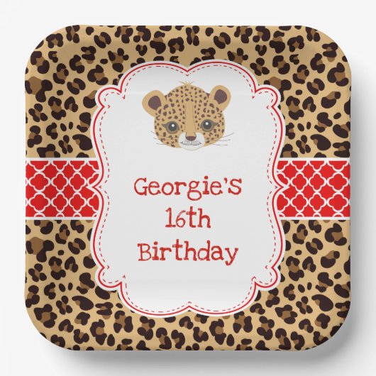 Leopard Print Red Quatrefoil Verjaardagsfeest Papieren Bordje (Voorkant)
