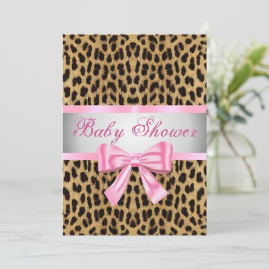Leopard Print Roze strik Baby shower Uitnodiging (Staand voorkant)