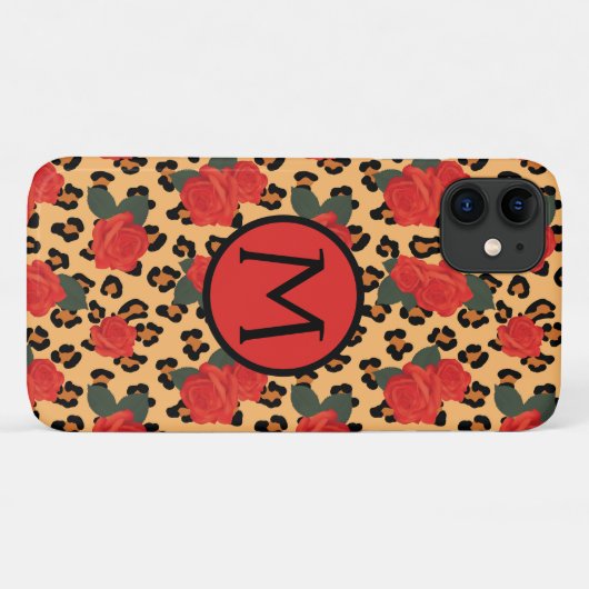 Leopard Print & Rozen Tattoo Monogram iPhone Case (Achterkant (horizontaal))