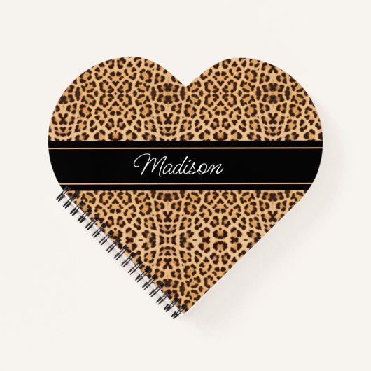 Leopard Print Script Monogram Naam Hartvormig Notitieboek (Voorkant)