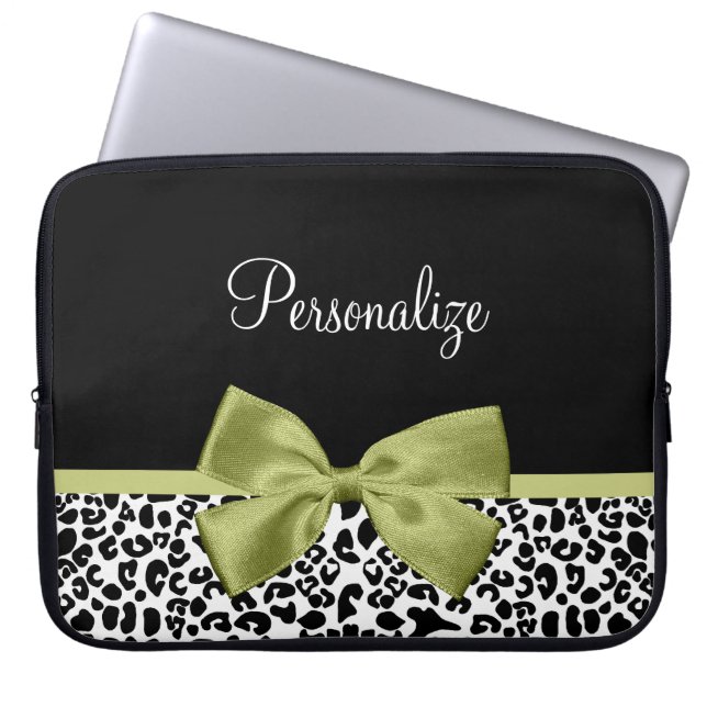  leopard Print Spring Green Bow met naam Laptop Sleeve (Voorkant)