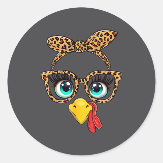 Leopard Print Thanksgiving Funny Turkey Face Gles Ronde Sticker (Voorkant)