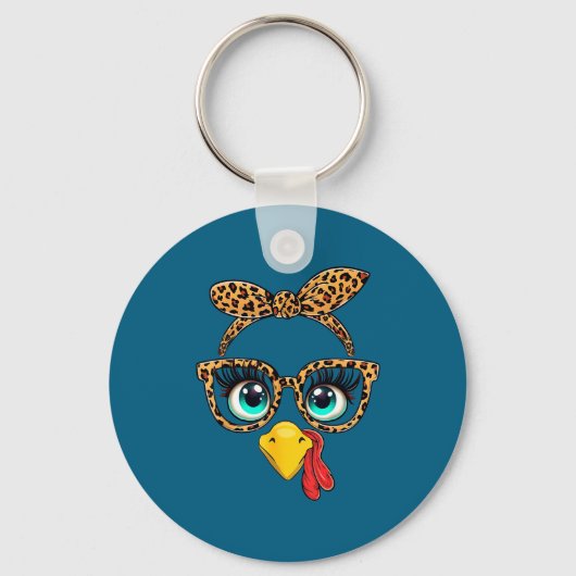 Leopard Print Thanksgiving Funny Turkey Face Gles  Sleutelhanger (Voorkant)
