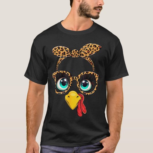 Leopard Print Thanksgiving Funny Turkey Face Gles  T-shirt (Voorkant)
