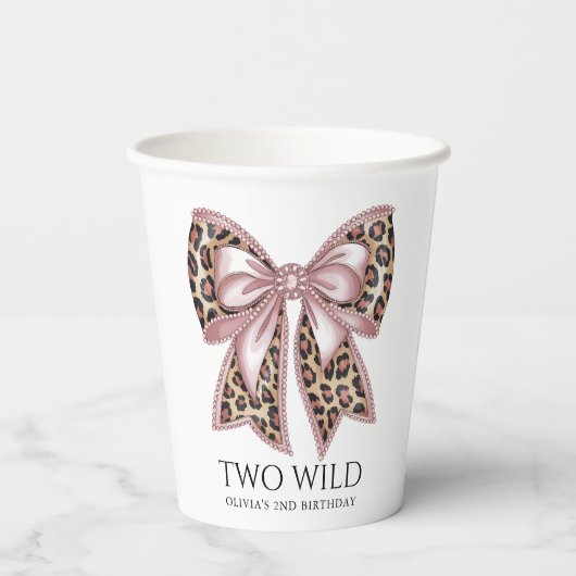 Leopard Print Twee Wild Bow 2e verjaardag Papieren Bekers (Achterkant)