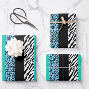 Leopard Print, Zebra Print, Animal Print, Blue Inpakpapier Vel