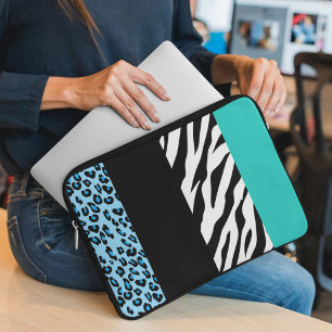 Leopard Print, Zebra Print, Animal Print, Blue Laptop Sleeve