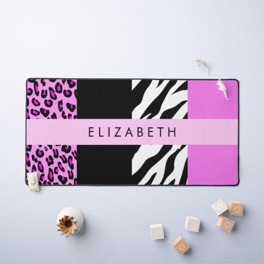 Leopard Print, Zebra Print, Roze, Jouw naam Bureaumat (Kindertafel)