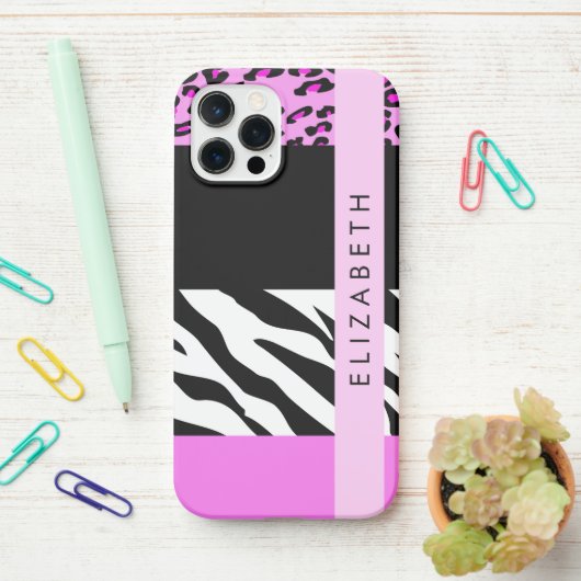 Leopard Print, Zebra Print, Roze, Jouw naam iPhone Hoesje (Op bureau)