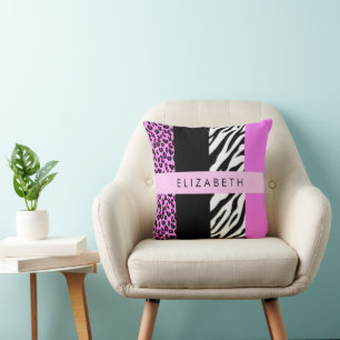 Leopard Print, Zebra Print, Roze, Jouw naam Kussen