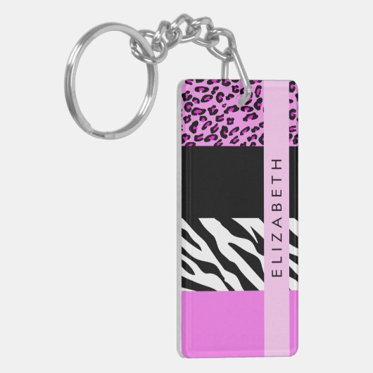 Leopard Print, Zebra Print, Roze, Jouw naam Sleutelhanger (Voorkant Links)