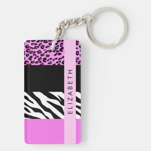 Leopard Print, Zebra Print, Roze, Jouw naam Sleutelhanger (achterkant)