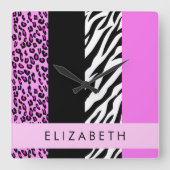 Leopard Print, Zebra Print, Roze, Jouw naam Vierkante Klok (Voorkant)